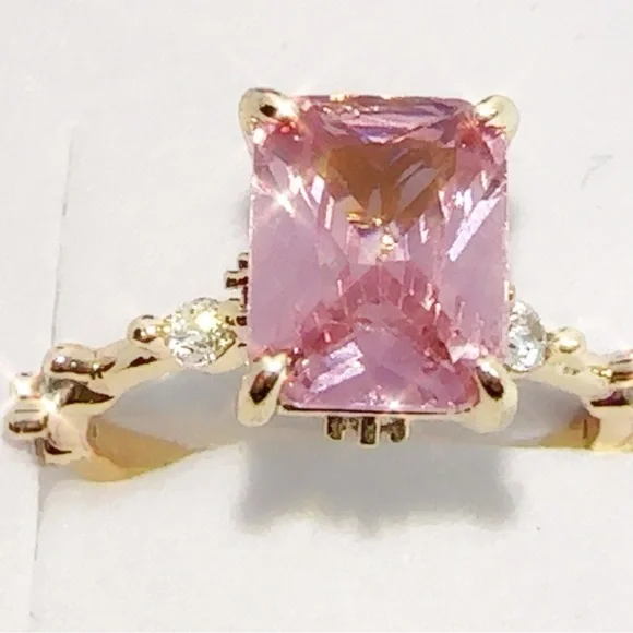 Princess Cut Pink CZ Ring Gold Plated Brass Size 7 - Picture 5 of 17